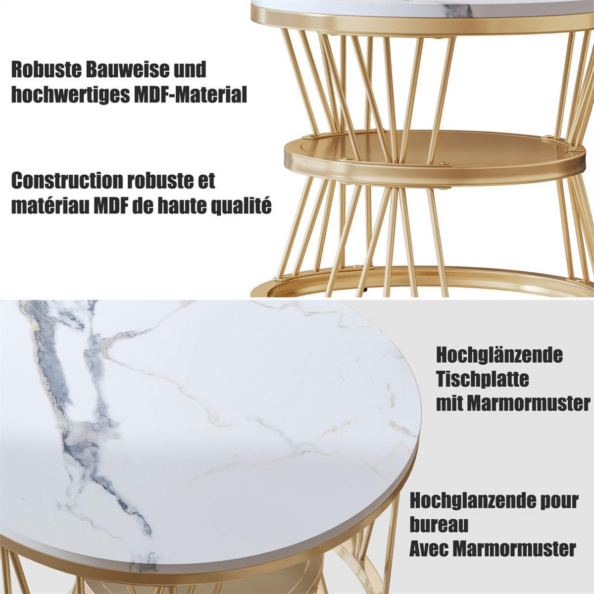 COUCHTISCH 2er-Set - Runder Couchtisch in Marmoroptik mit V-Metallgestell - Weiß und Gold - Goldfarben, Holzwerkstoff (70/70/45cm) - DELFA