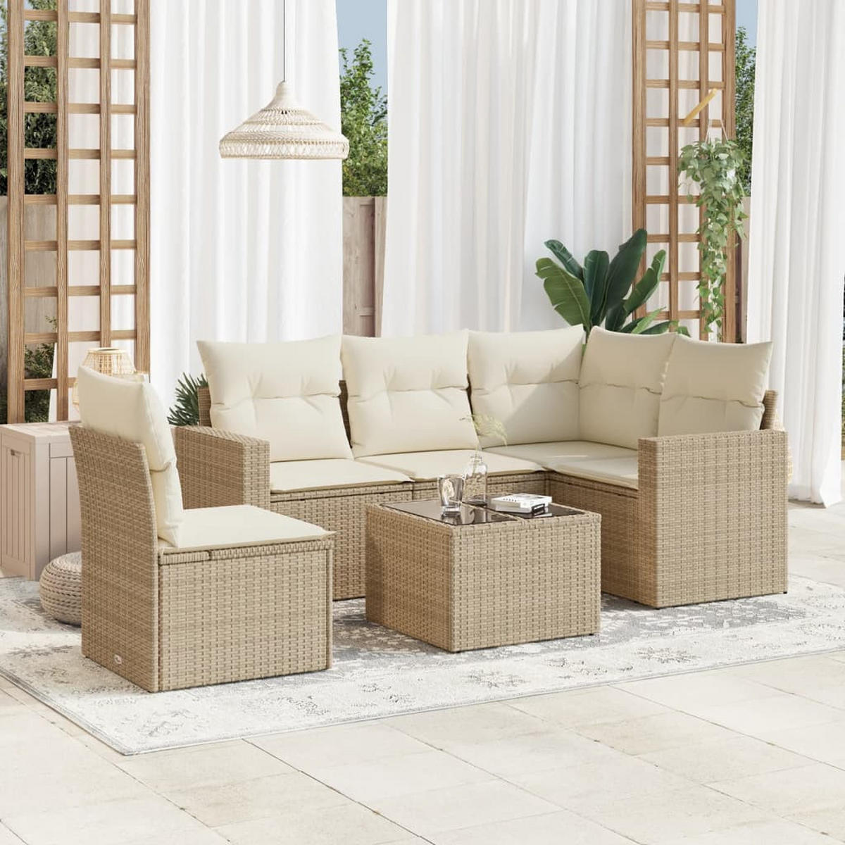GARTEN-SOFAGARNITUR 6-TLG. Mit Kissen Beige Poly Rattan - Beige, Kunststoff - vidaXL