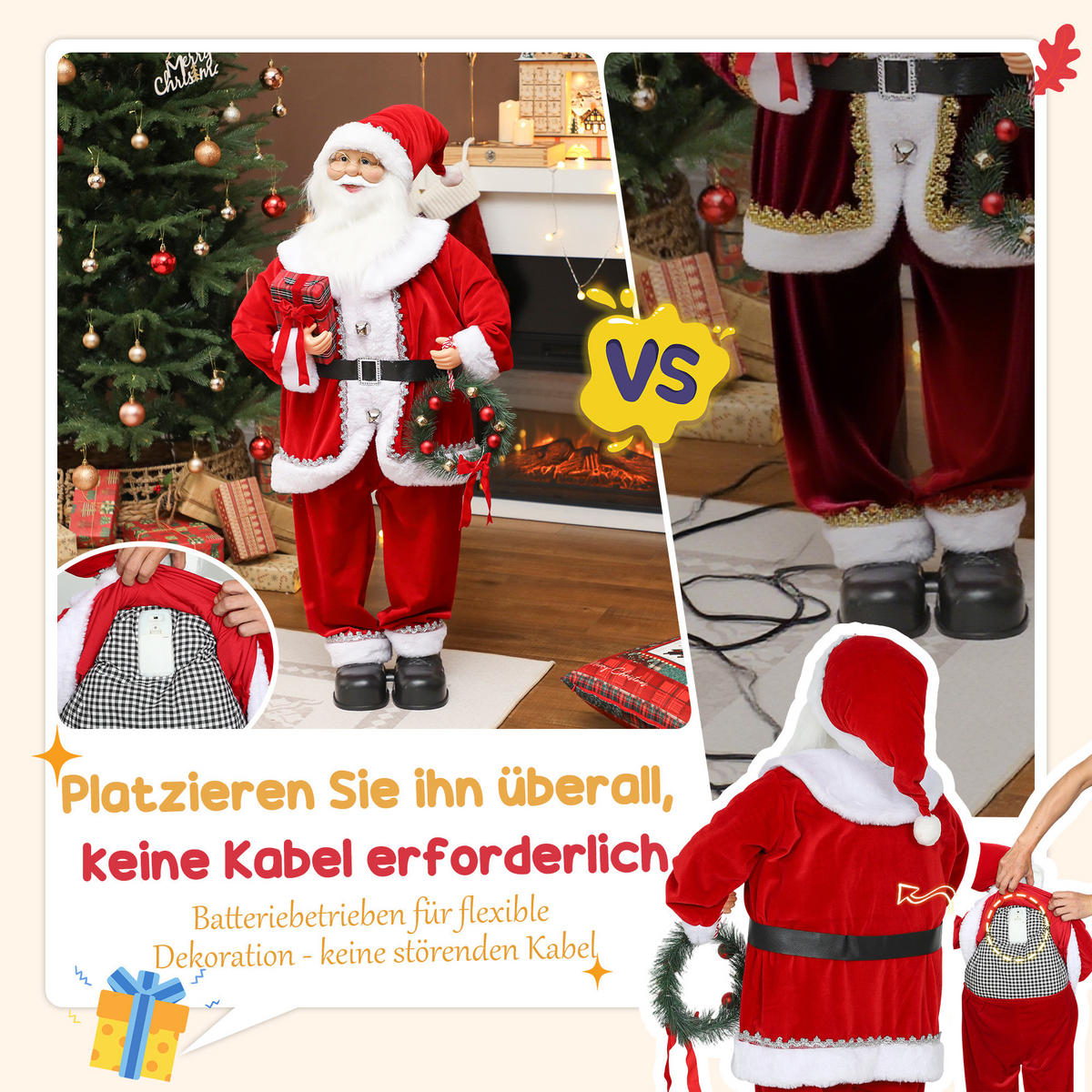 WEIHNACHTSMANN, Weihnachts-Dekoration, mit Geschenk & Weihnachtskranz, Rot - Rot, Textil (25/120/50cm) - HOMCOM