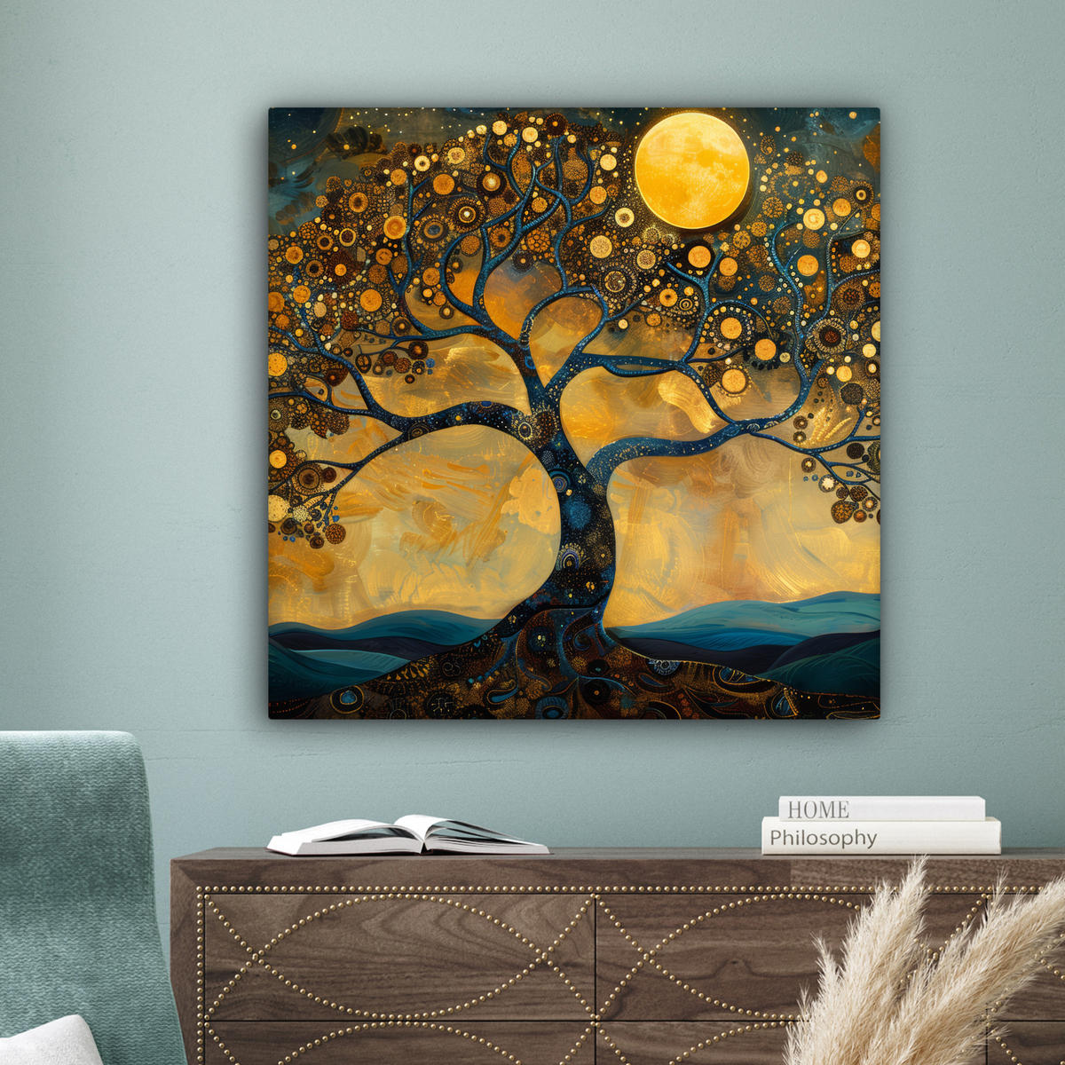 LEINWANDBILD Baum - Mond - Blumen - Gold - Kunst 90x90 cm - Orange, Textil (90/90cm) - MuchoWow