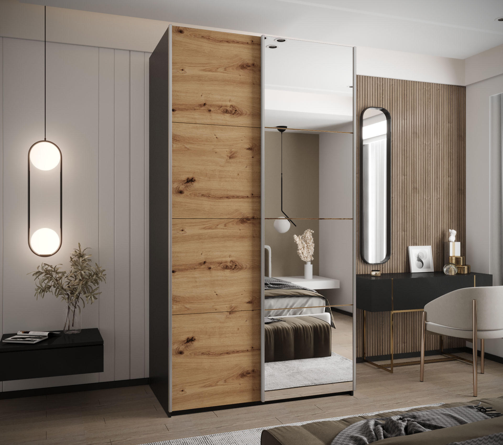 SCHWEBETÜRENSCHRANK 245,5/140/64 2-türig - Silberfarben/Schwarz, Holz/Metall (140/245/64cm) - Abiks Möbel