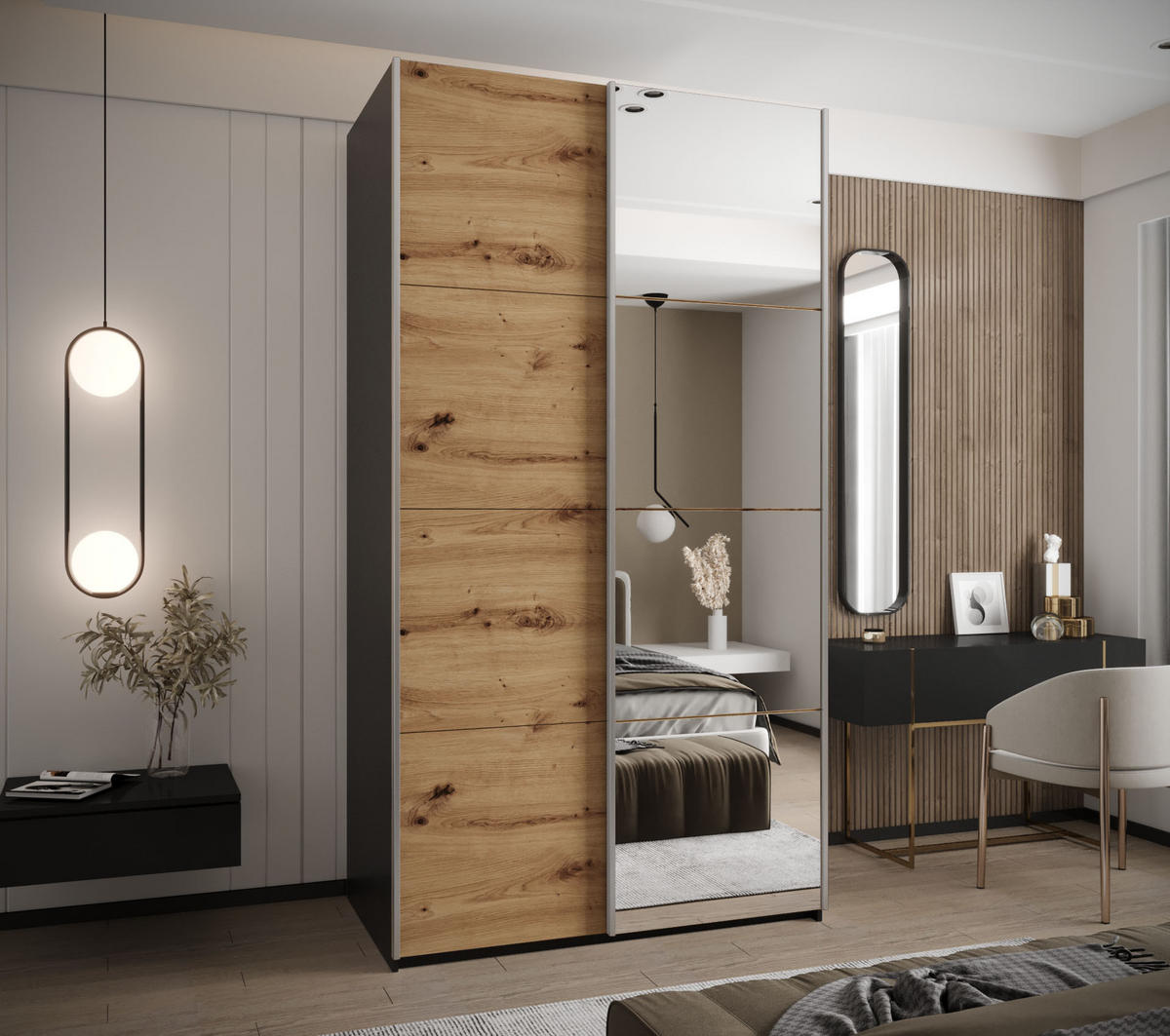 SCHWEBETÜRENSCHRANK 245,5/140/64 2-türig - Silberfarben/Schwarz, Holz/Metall (140/245/64cm) - Abiks Möbel