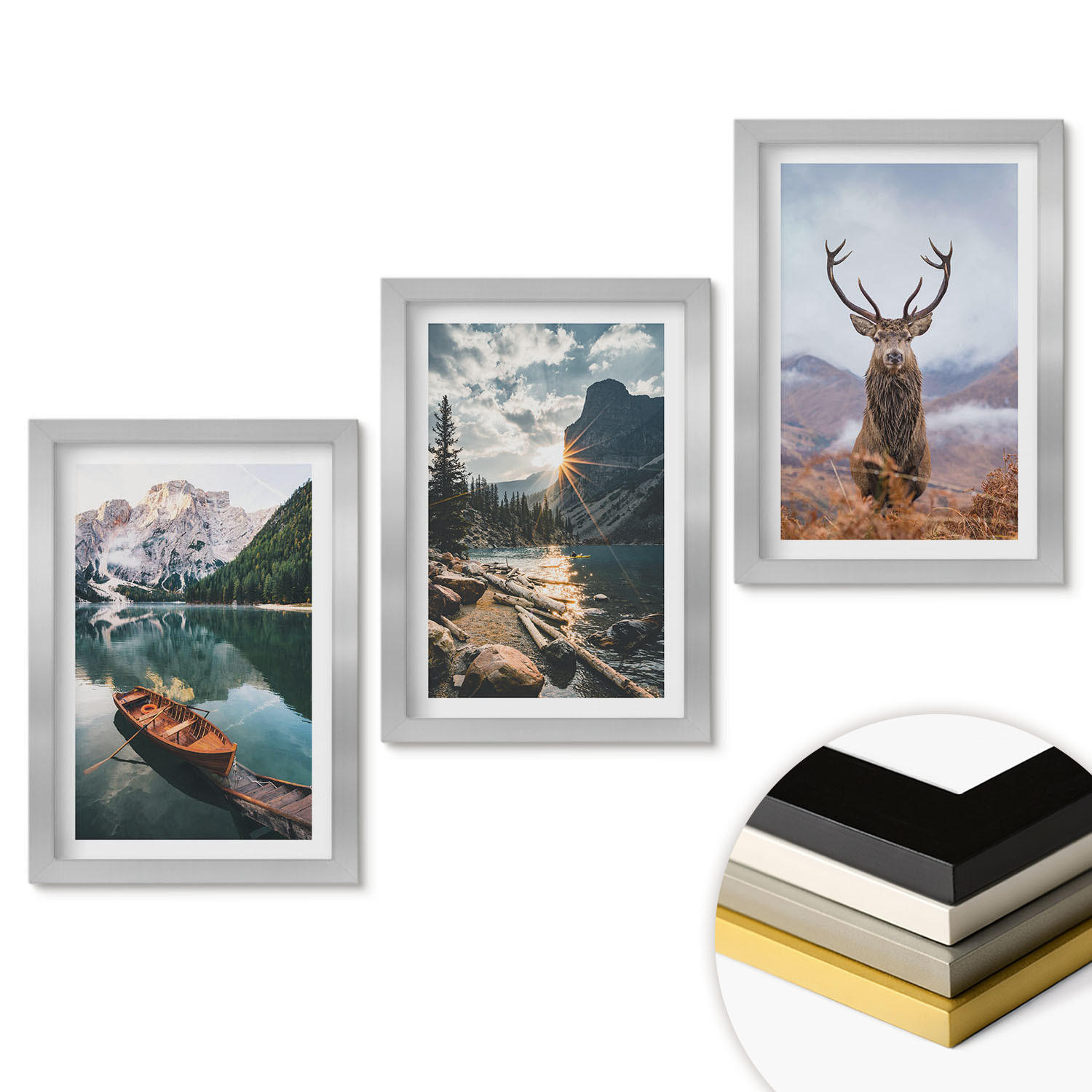WANDBILDER 3er Set - 20x30 cm Silberner Rahmen - Bergsee, Bootsfahrt, Sonnenuntergang, Hirsche - Silberfarben, Kunststoff (20/30cm) - ArtPrintCave