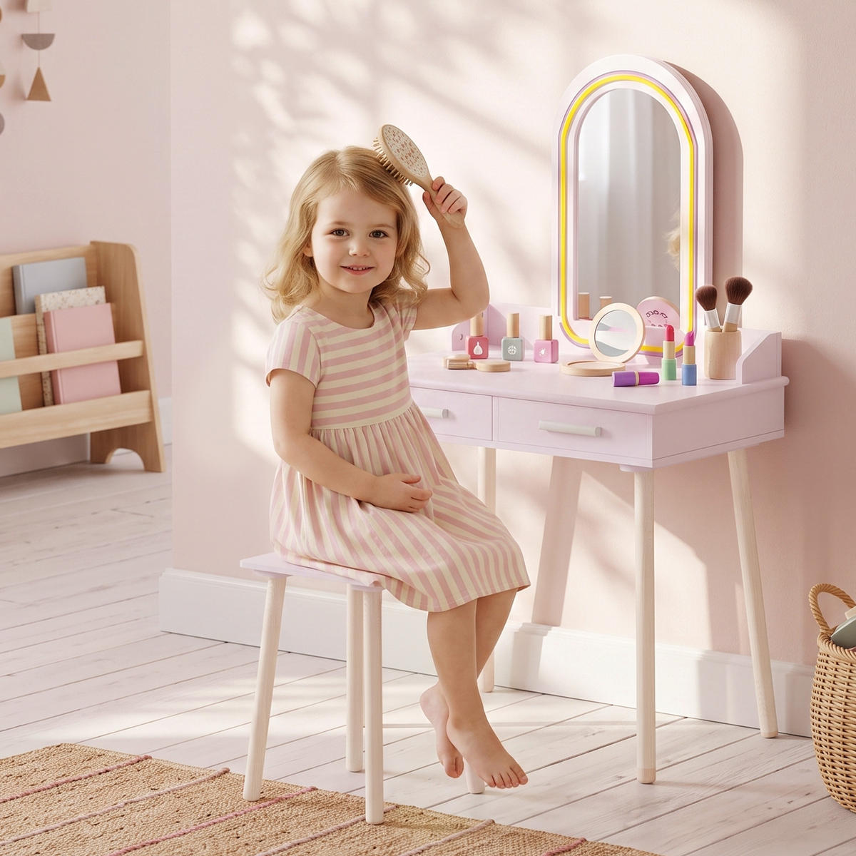 KINDER-SCHMINKTISCH-SET MDF Kiefernholz 2er Set Rosa - Weiß/Rosa, Holz/Holzwerkstoff (36/100/60cm) - AIYAPLAY