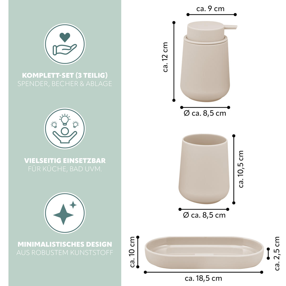 BAD-ACCESSOIRES-SET TESERO, Soft-Touch, beige - Beige, Kunststoff (18.5/13.5/10cm) - eluno