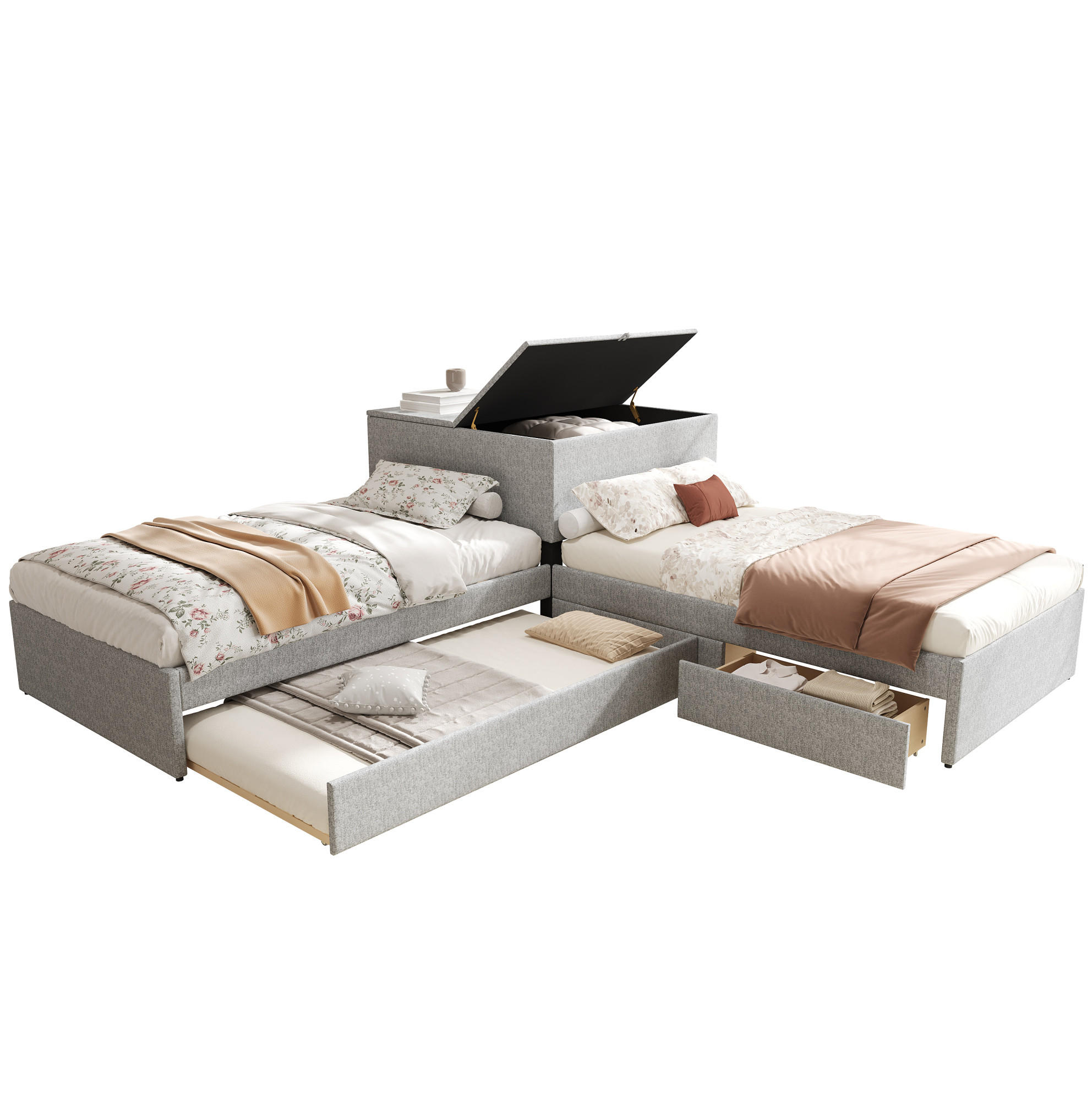 ECKBETT 90/200 cm mit Ausziehbett, Stauraumschrank, 2 Schubladen und Leinenbezug, Grau - Grau, Textil (90/200cm) - Redom
