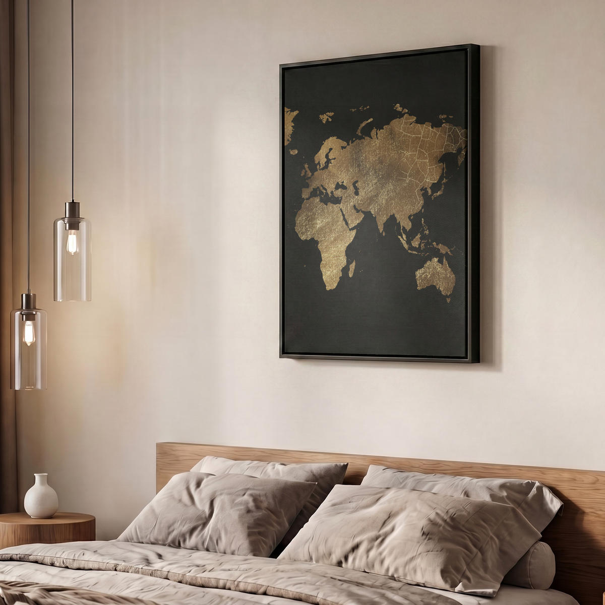 LEINWAND Bilder mit Rahmen - Weltkarte - Gold - Luxus - Erde - Schwarz - 50x70 - Goldfarben, Textil (50/70cm) - MuchoWow