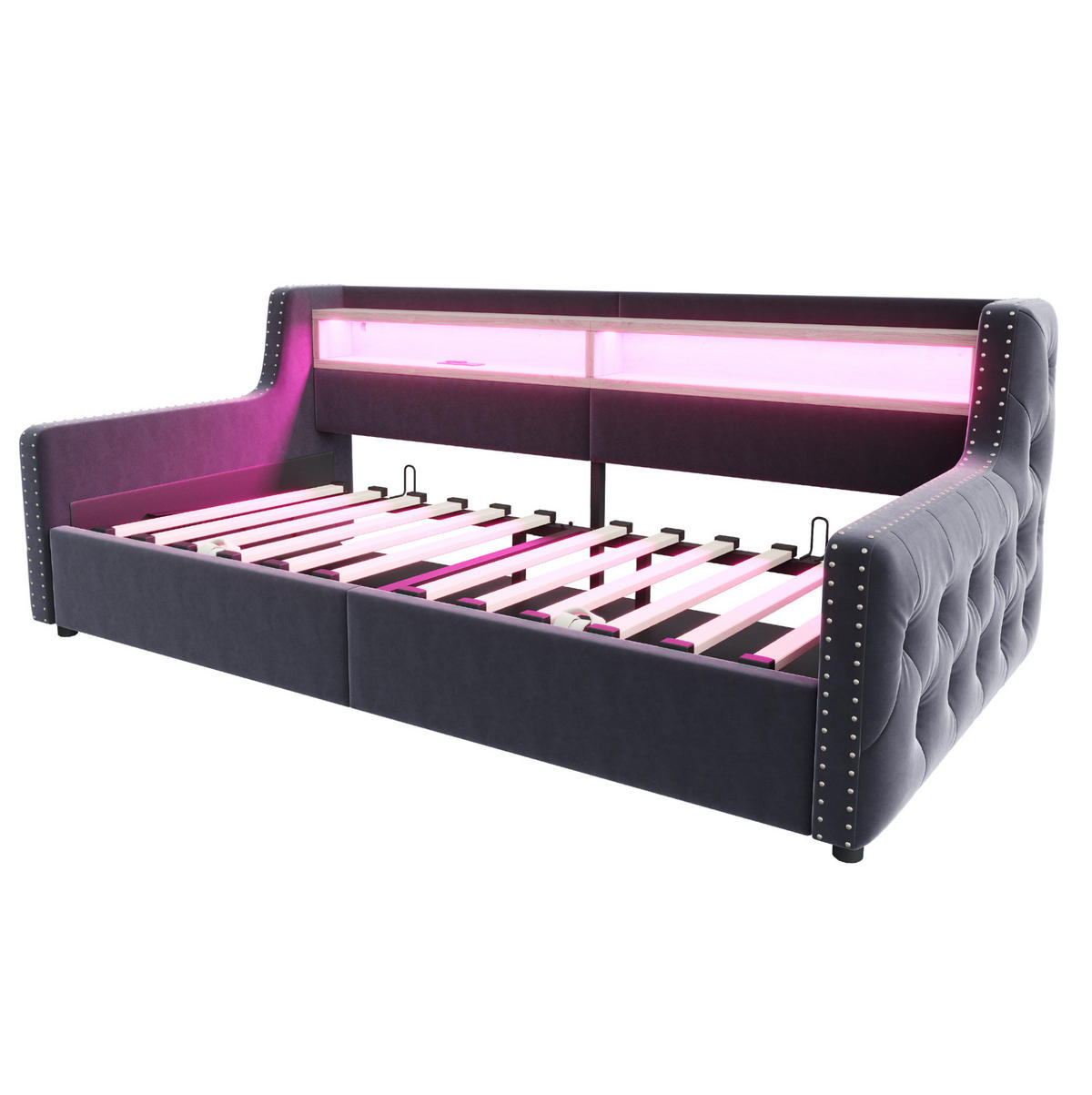 SCHLAFSOFA 90/200 cm mit LED, Stauraum, Ablage, Steckdose und USB-C, Samt mit Lattenrost, Dunkelgrau - Dunkelgrau, Textil (104/81/216cm) - Redom