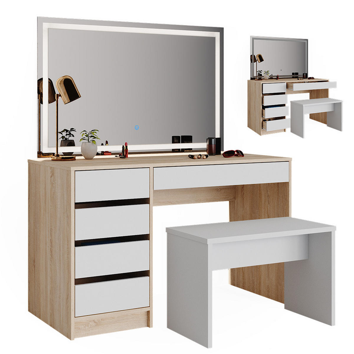 SCHMINKTISCH Sherry Weiß/Sonoma 120 cm mit LED Spiegel und Hocker - Weiß/Sonoma Eiche, Holzwerkstoff (55/75/120cm) - Vicco