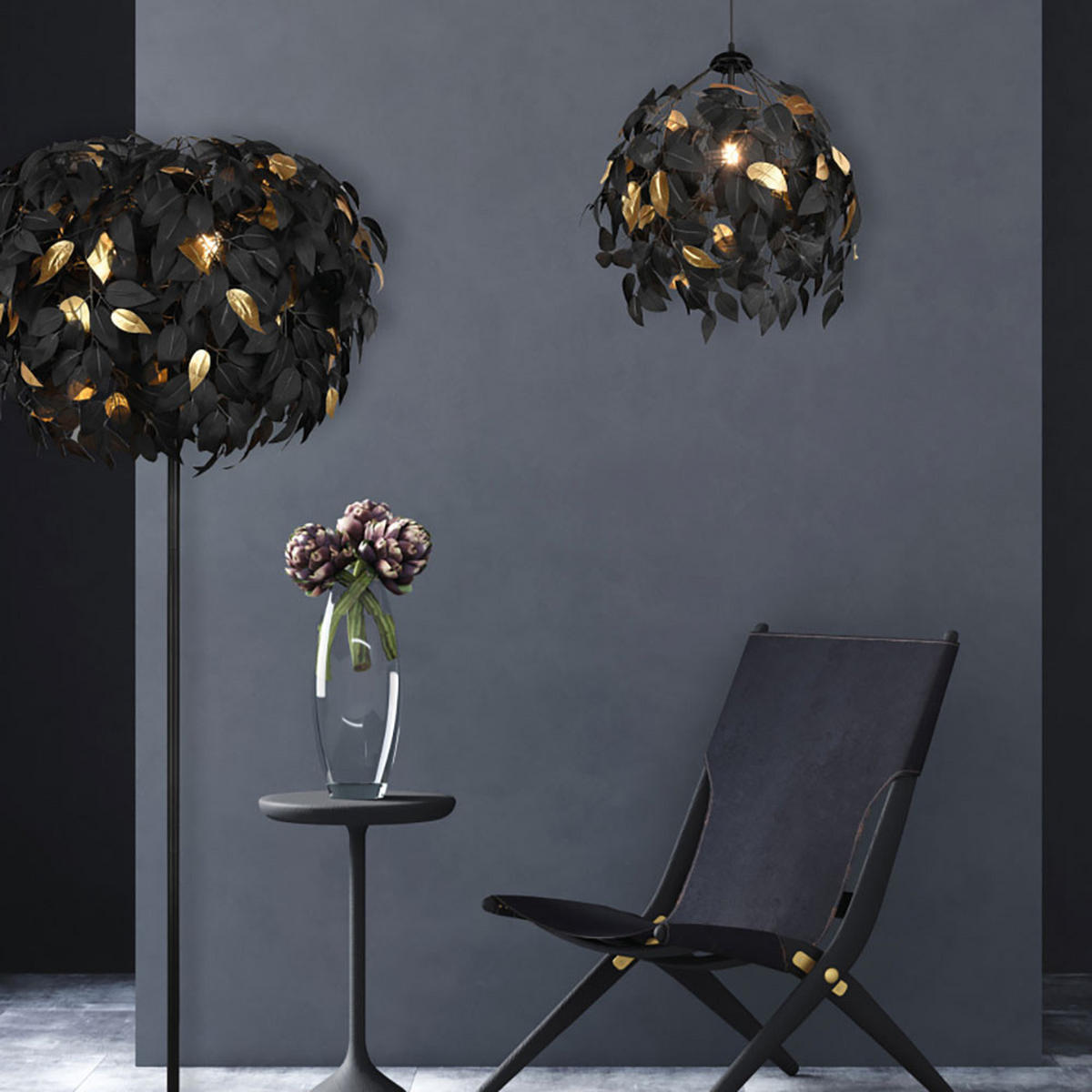 HÄNGELEUCHTE Blattdesign Metall Schwarz matt - Schwarz, Metall (38/38/150cm)