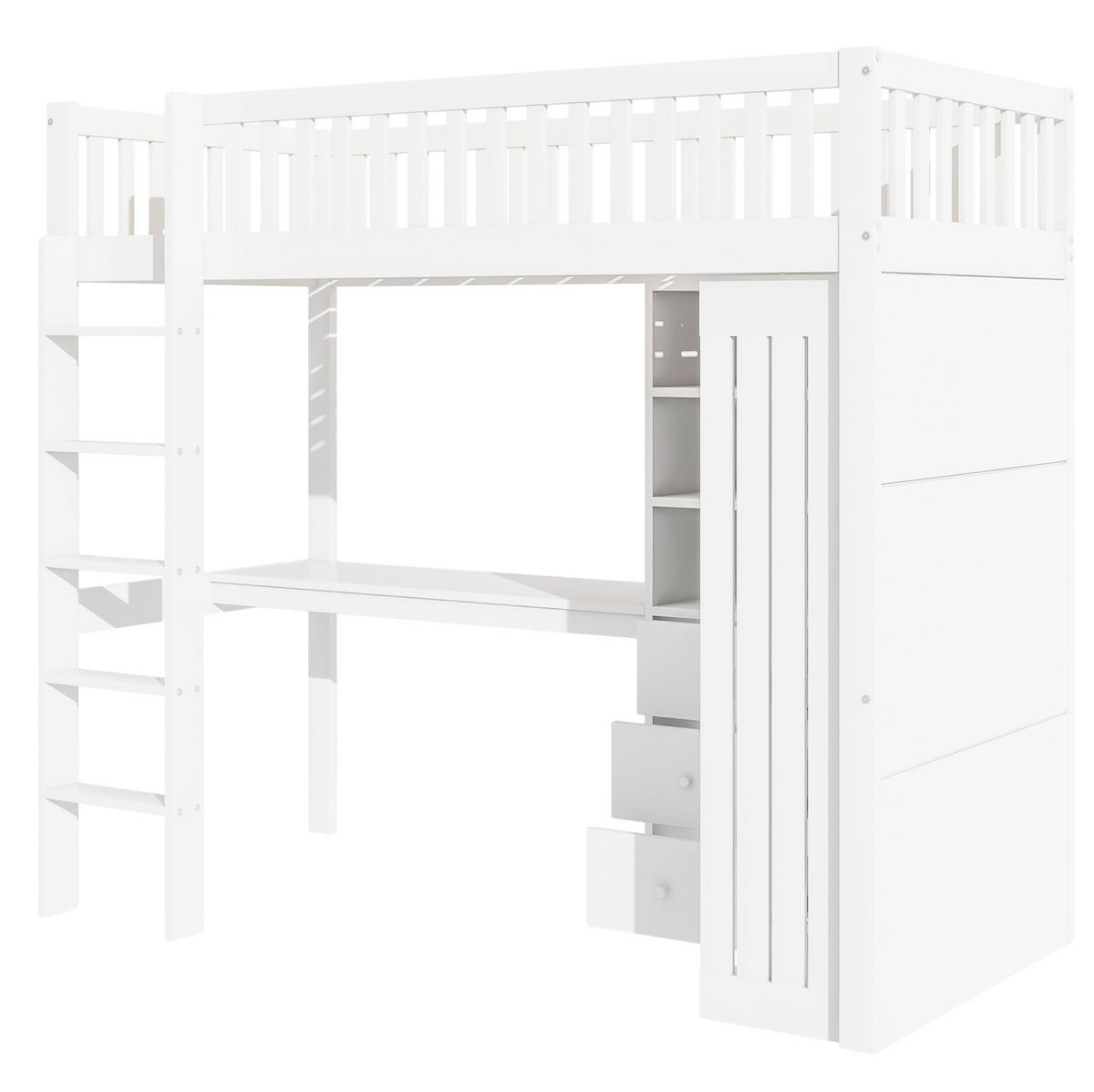 HOCHBETT 90/200 cm mit Schreibtisch, Kleiderschrank, 3 Schubladen und Treppe aus Kiefernholz/MDF, Weiß - Weiß, Holz (90/200cm) - Redom