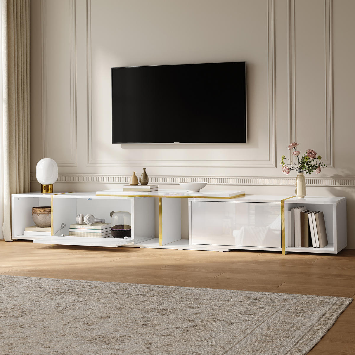 TV-LOWBOARD ausziehbar 275 x 35 x 37 cm, Spanplatte, Hochglanzfronten, Weiß - Weiß, Holzwerkstoff (275/37/35cm)