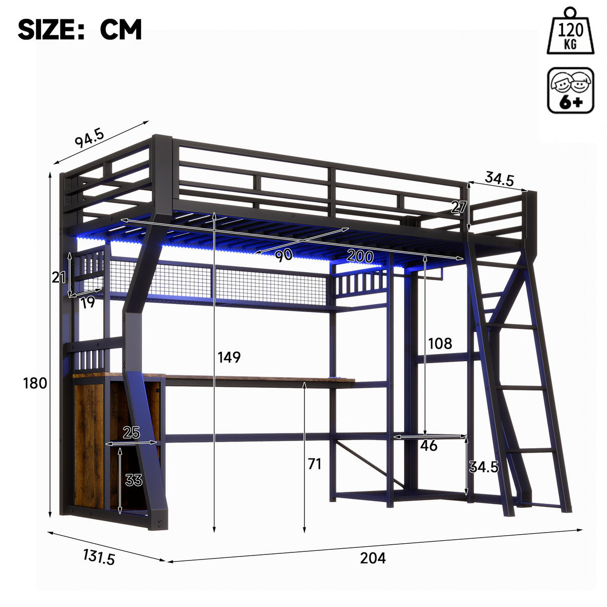 HOCHBETT 90/200 cm aus MDF+Metall mit Lichtleiste, Steckdose, Schwarz - Schwarz, Holzwerkstoff (90/200cm) - OKMYHOME