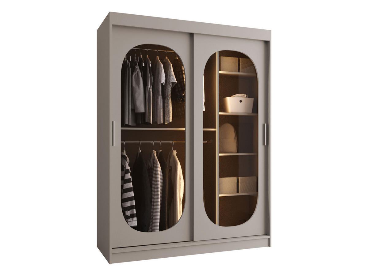 SCHWEBETÜRENSCHRANK Bahrajn 150 mit LED Beleuchtung - Kaschmir/Silberfarben, Holzwerkstoff/Kunststoff (150/200/62cm) - MIRJAN24