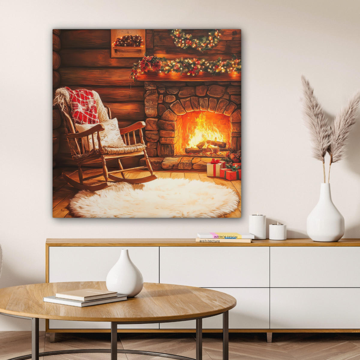 LEINWANDBILD Winter - Weihnachten - Zuhause - Kamin Deko Groß 90x90 cm - Bernsteinfarben, Textil (90/90cm) - MuchoWow