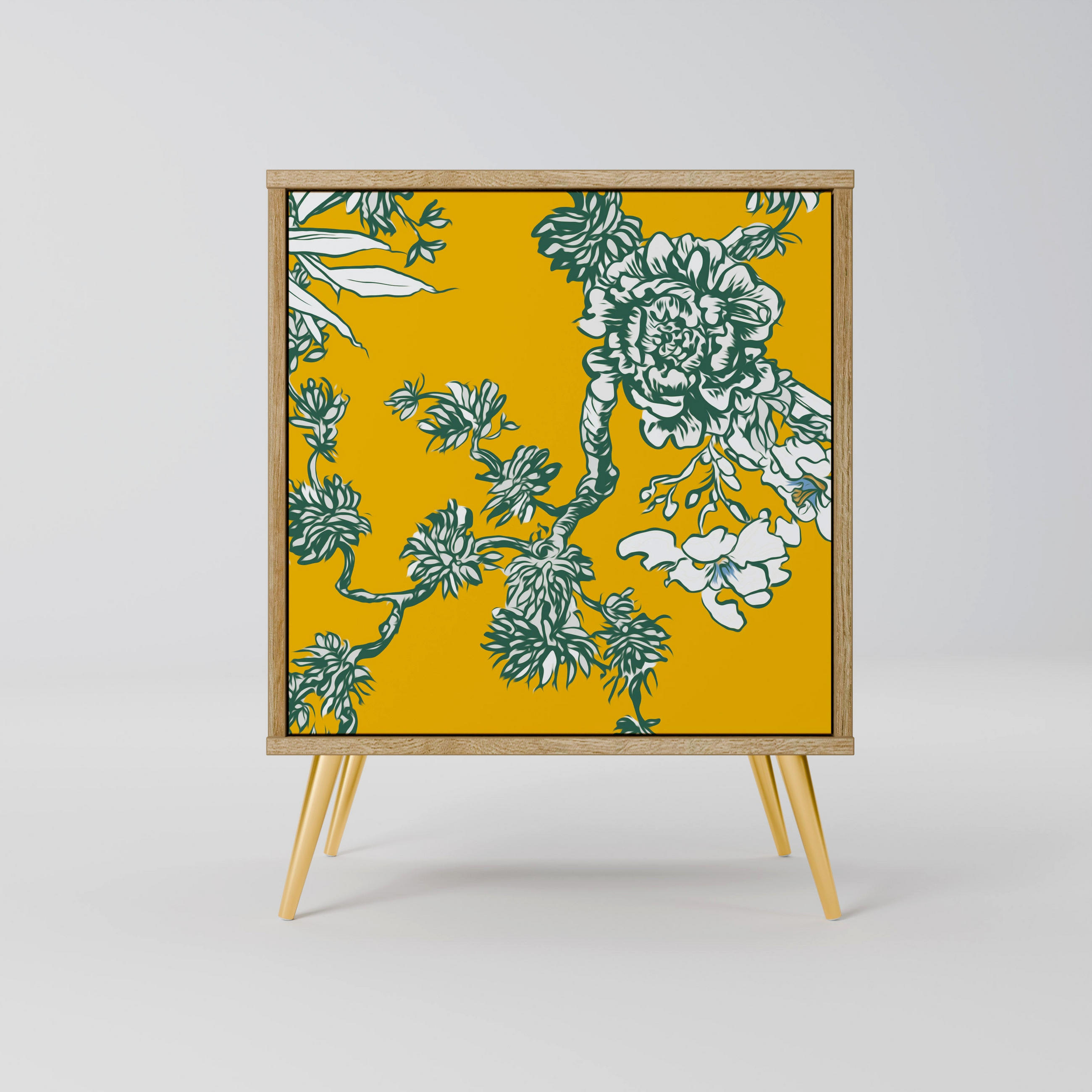 SIDEBOARD YELLOW CHINOISERIE, Eichefarben, 57,5x42x75,5 cm, Goldfarbene Metallfüße - Eichefarben/Goldfarben, Holzwerkstoff/Metall (57.5/75.5/42cm) - SpaceRebels