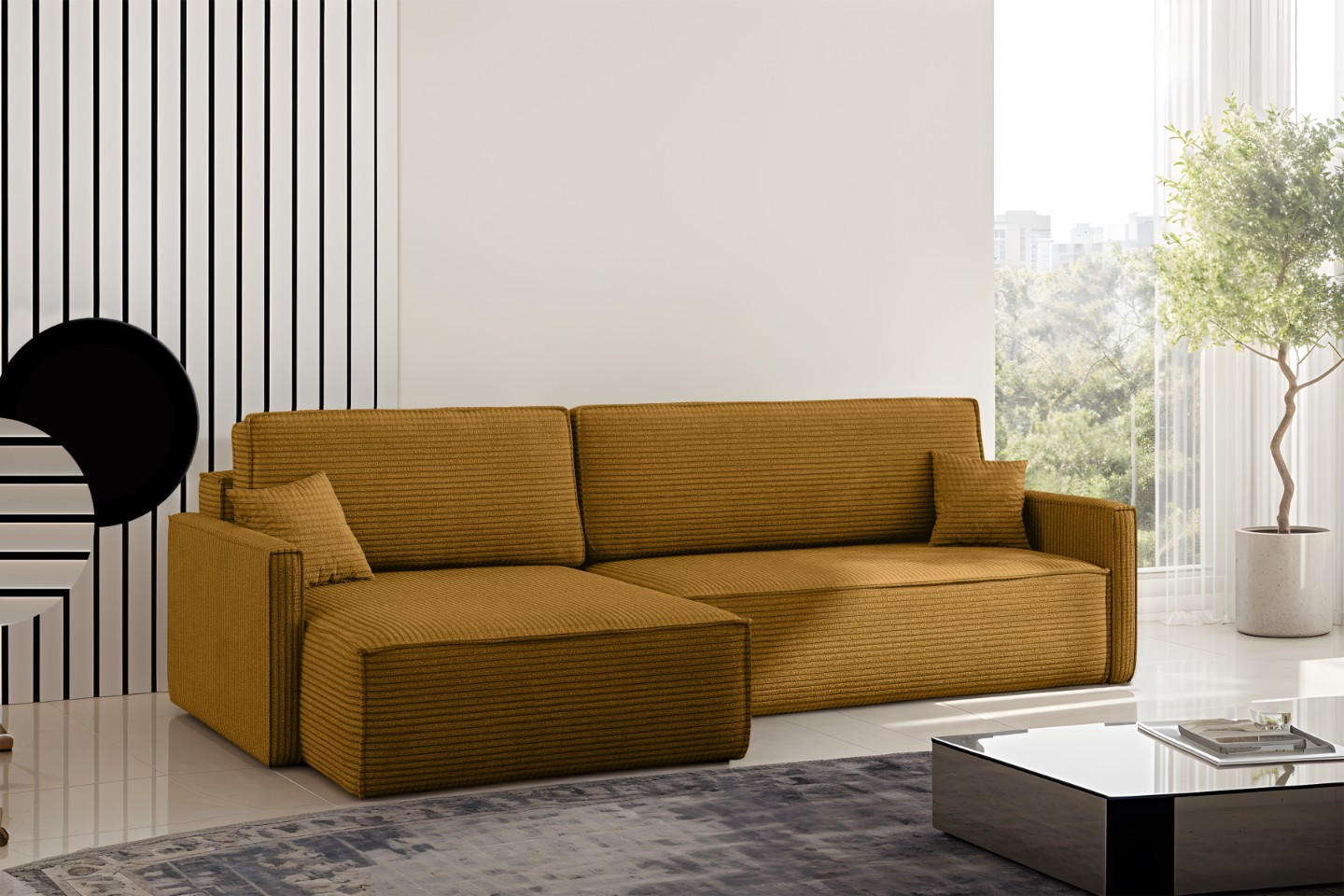 SCHLAFSOFA Carlos, Ecksofa L-Form mit schlaffunktion und bettkasten Stoff Poso Senffarbe Links - Currygelb, Holz (142/83/250cm) - Kaiser Möbel