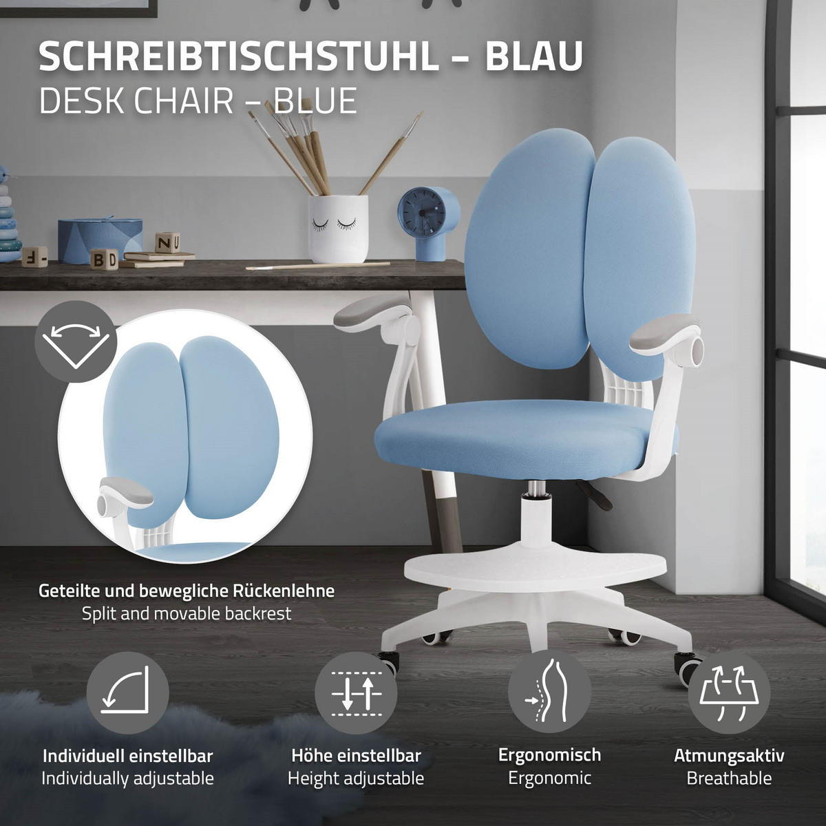 DĚTSKÁ ŽIDLE K PSACÍMU STOLU Modrá 95–107 cm z polyesteru - bílá/modrá, textil/plast (53/107/53cm) - ML-DESIGN