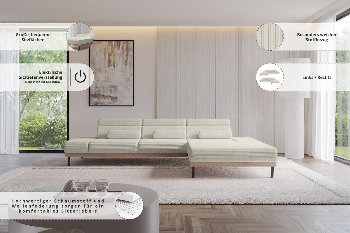 ELEKTRISCHES ECKSOFA Rechts MONA 316x205x85 Creme Cord - Ecru/Creme, Holzwerkstoff/Textil (316/205cm) - ALTDECOR