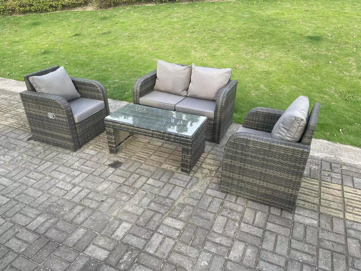 GARTENMÖBELSET mit Couchtisch Polyrattan 4-Sitzer - Dunkelgrau/Grau, Glas/Kunststoff - Fimous