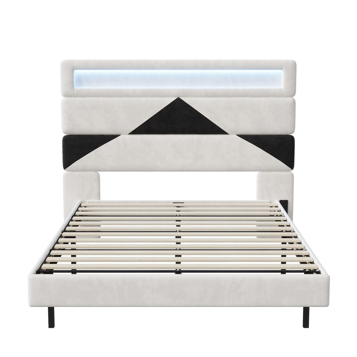 POLSTERBETT 160/200 cm mit geometrischem Kopfteil, RGB-LED-Beleuchtung am Kopfteil und unter dem Bett, USB-Anschluss - Schwarz, Holz/Metall (160/200cm) - Joyfair