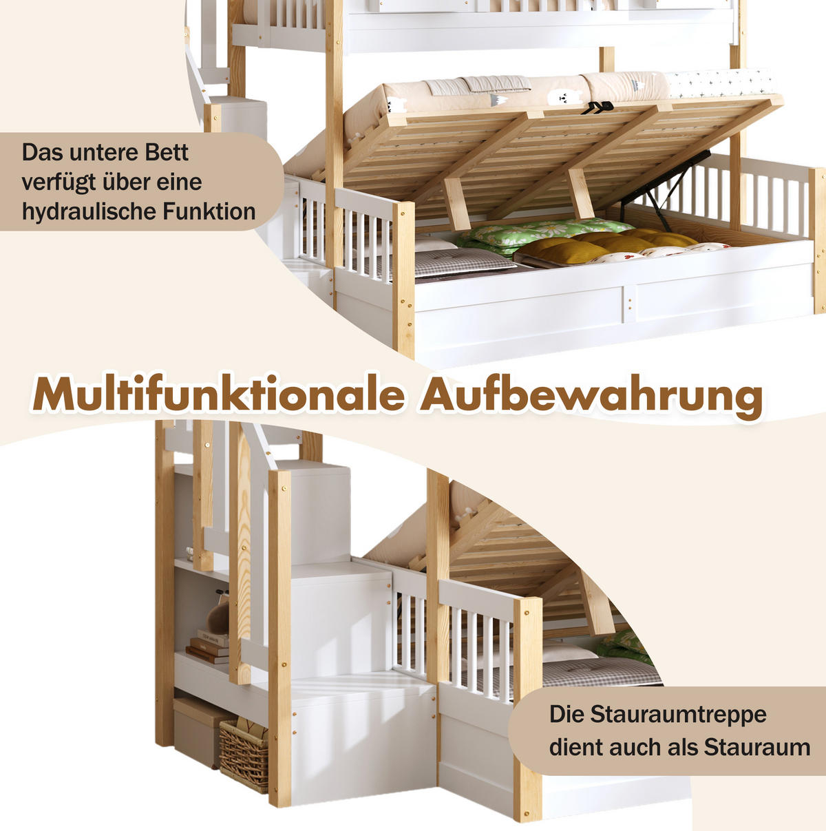 ETAGENBETT 90x200/140x200 cm in Weiß mit Stauraumtreppe, LED und hydraulischem Bettkasten - Weiß, Holz (90/200cm) - IVMEU