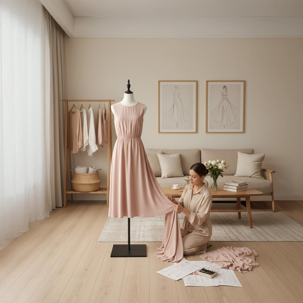 ŠIJACIA panna - krémová, kov/textil (37/175/23cm) - Relaxdays