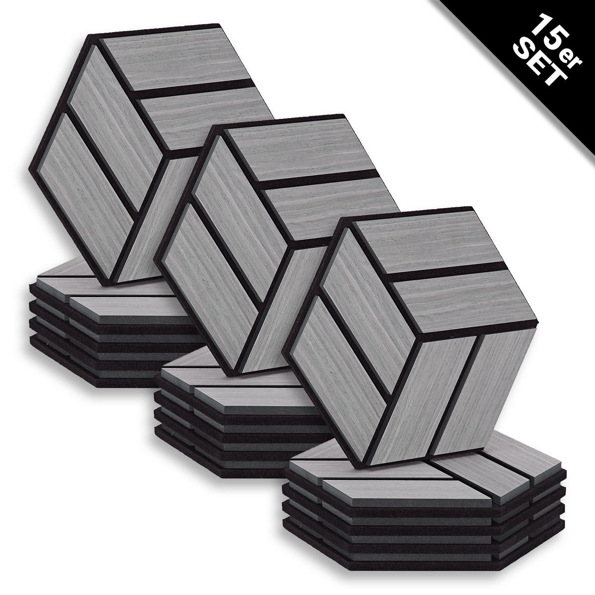 AKUSTIKPANEEL Hexagon Grau 15 Stück - Grau, Holz (30/26/2cm) - Homestyle4u