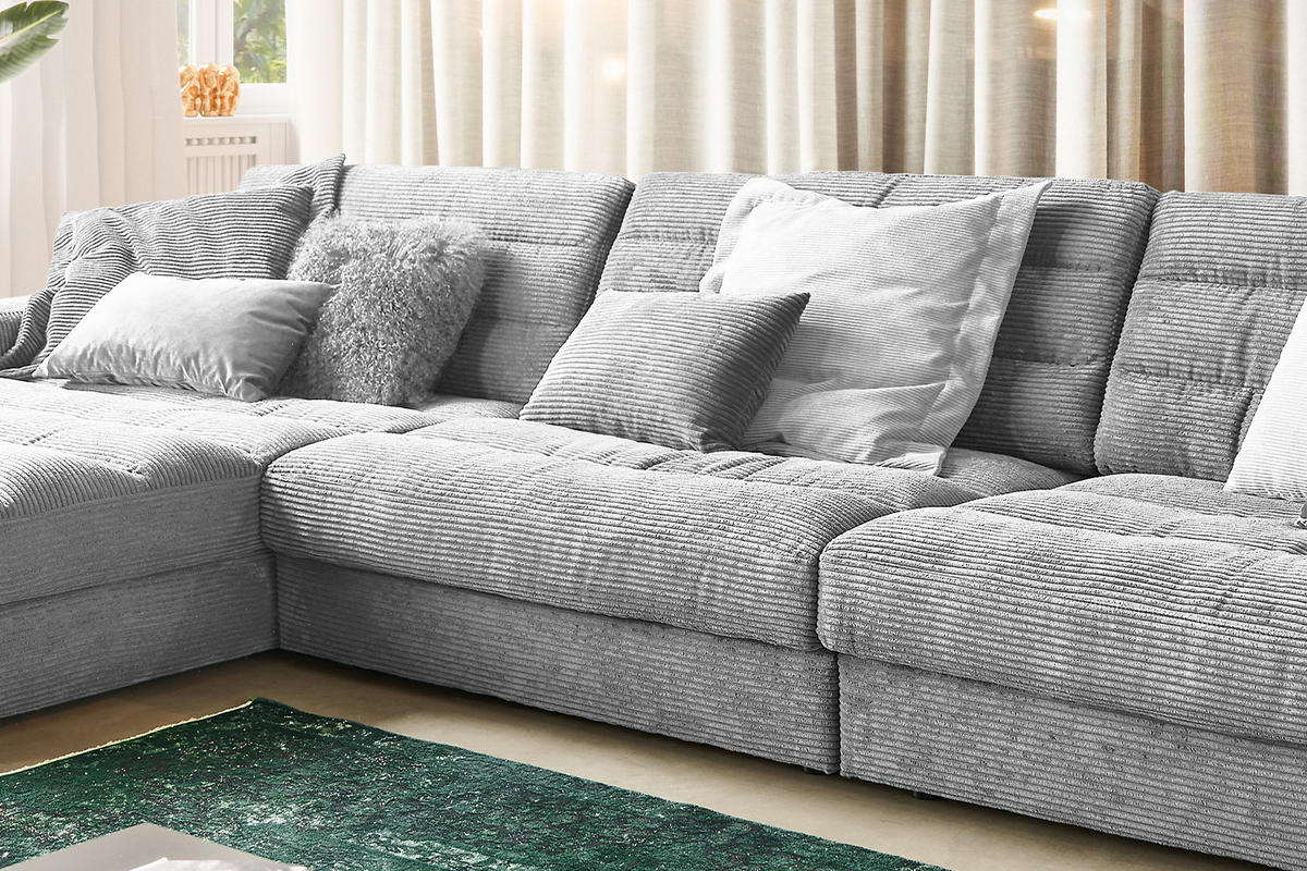 ECKSOFA XL LANA Hellgrau Cord - Hellgrau/Schwarz, Textil (416/205cm) - KAWOLA