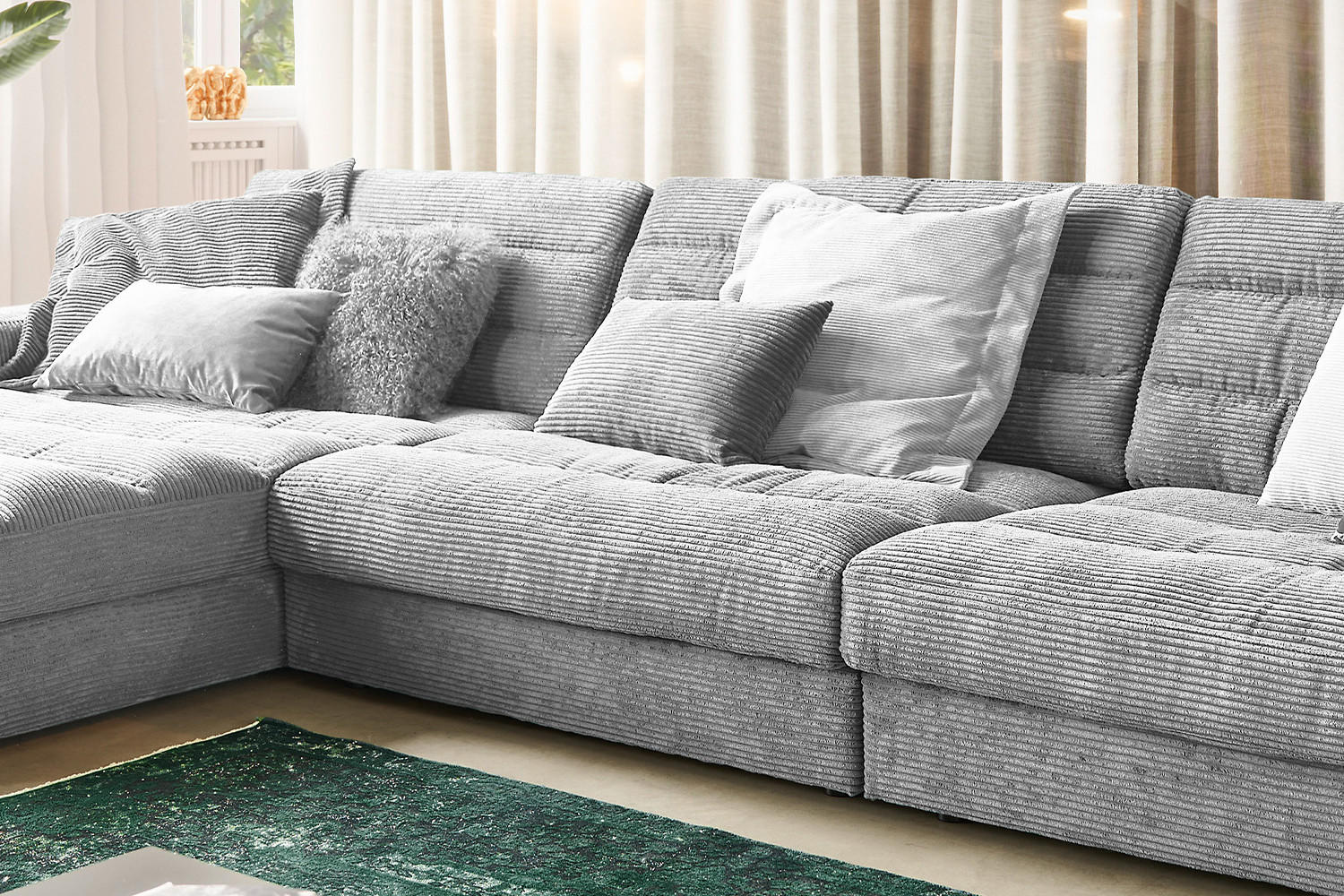 Thumbnail - Kawola Ecksofa, Hellgrau, Textil, Echtholz, 4-Sitzer, Füllung: Kaltschaum, Ottomane links, L-Form, 416x205 cm, Wohnzimme...