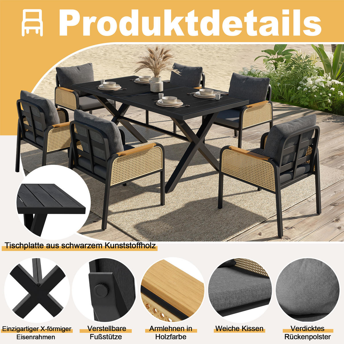 GARTENMÖBELSET 148/80/75 cm schwarz/natur aus Eisen mit 6 Stühlen - Naturfarben, Metall - OKWISH