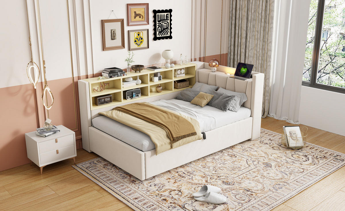 POLSTERBETT 90/200 cm Beige aus Samt mit Stauraum und Ladeanschlüssen - Beige, Textil (90/200cm) - OKMYHOME