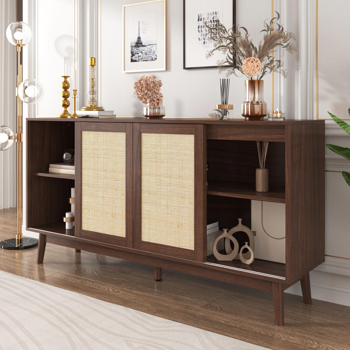 SIDEBOARD Nussbaum, 3 Rattan-Schiebetüren, 2 Schubladen - Kastanienfarben, Holz (155/80/38cm)