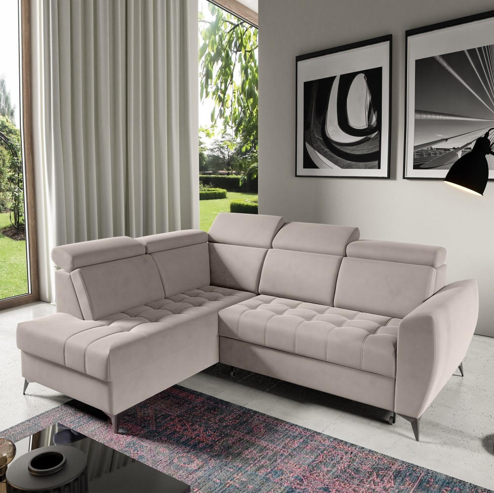 ECKSCHLAFSOFA Aurora II mit verstellbare Kopfstützen, Beige, links - Beige/Schwarz, Textil (266/204cm) - Beautysofa