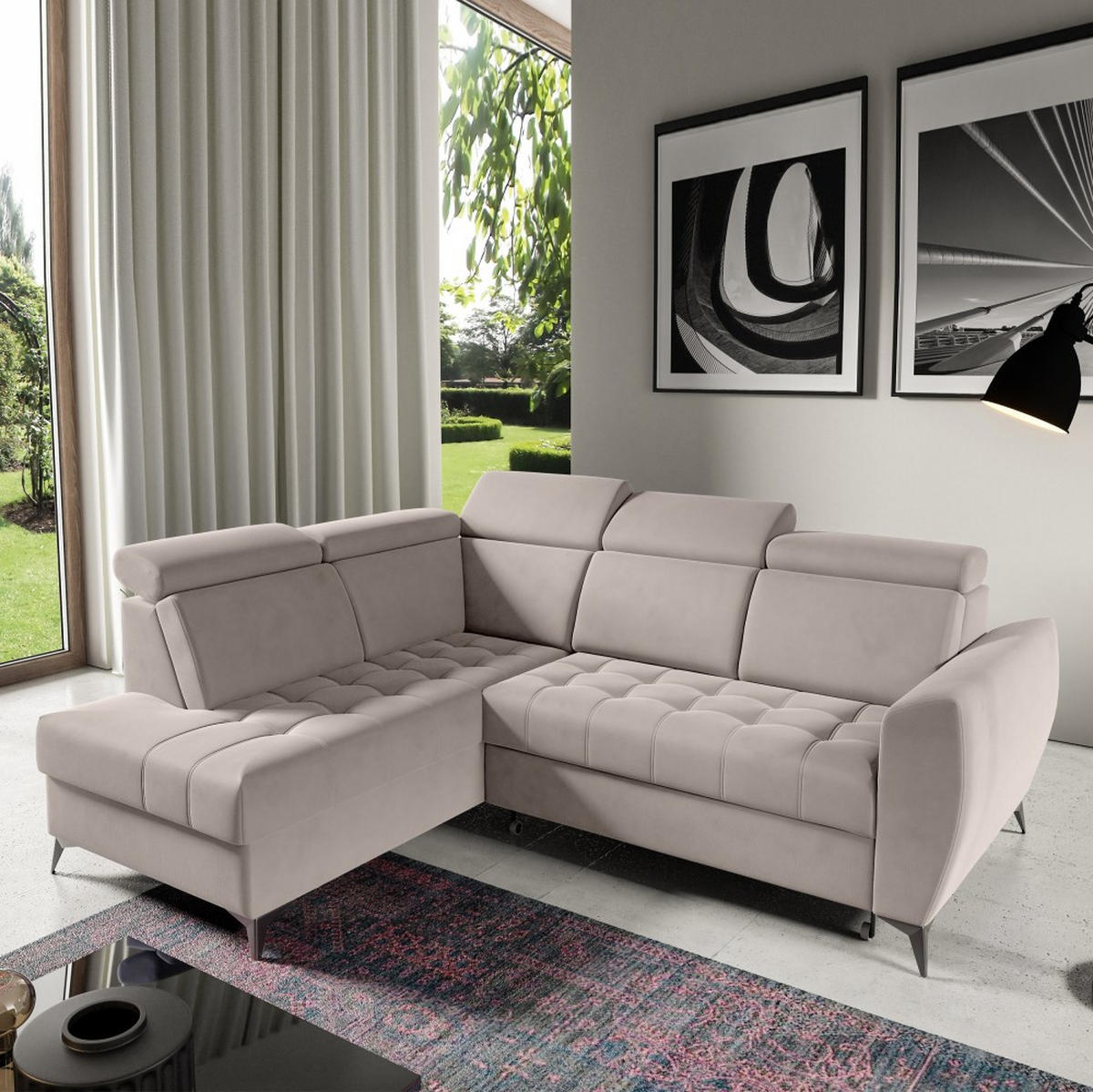 ECKSCHLAFSOFA Aurora II mit verstellbare Kopfstützen, Beige, links - Beige/Schwarz, Textil (266/204cm) - Beautysofa