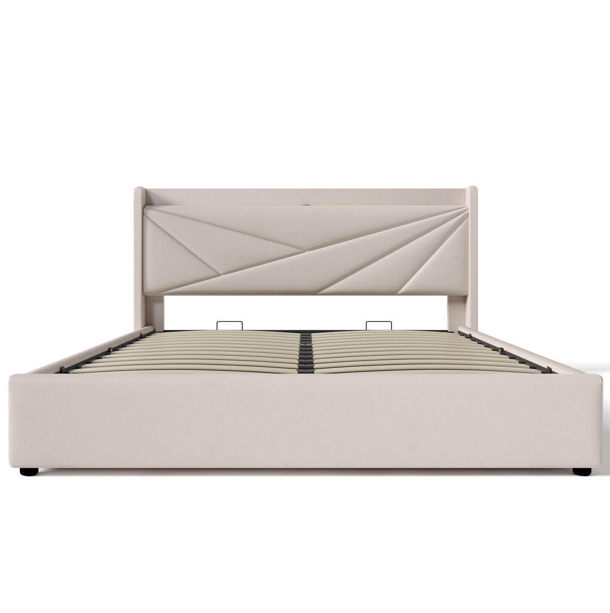 POLSTERBETT 160/200 cm beige aus Baumwollleinen mit Bettkasten, USB-C und Matratze - Beige, Textil (160/200cm) - OKWISH