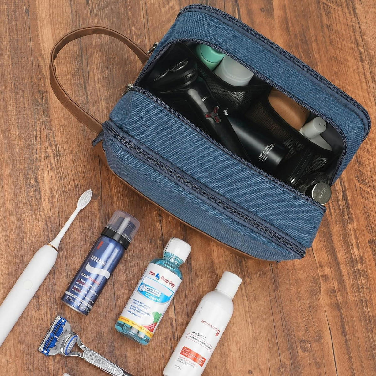 KULTURTASCHE Herren Blau Canvas/Veganes Leder 25 cm - Blau, Textil (5/2/5cm)