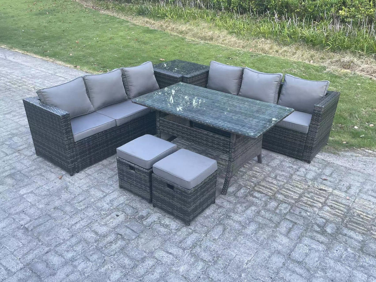 LOUNGEGARNITUR mit Hockern,Beistelltisch Polyrattan Dunkelgrau 8-Sitzer - Dunkelgrau/Grau, Glas/Kunststoff - Fimous