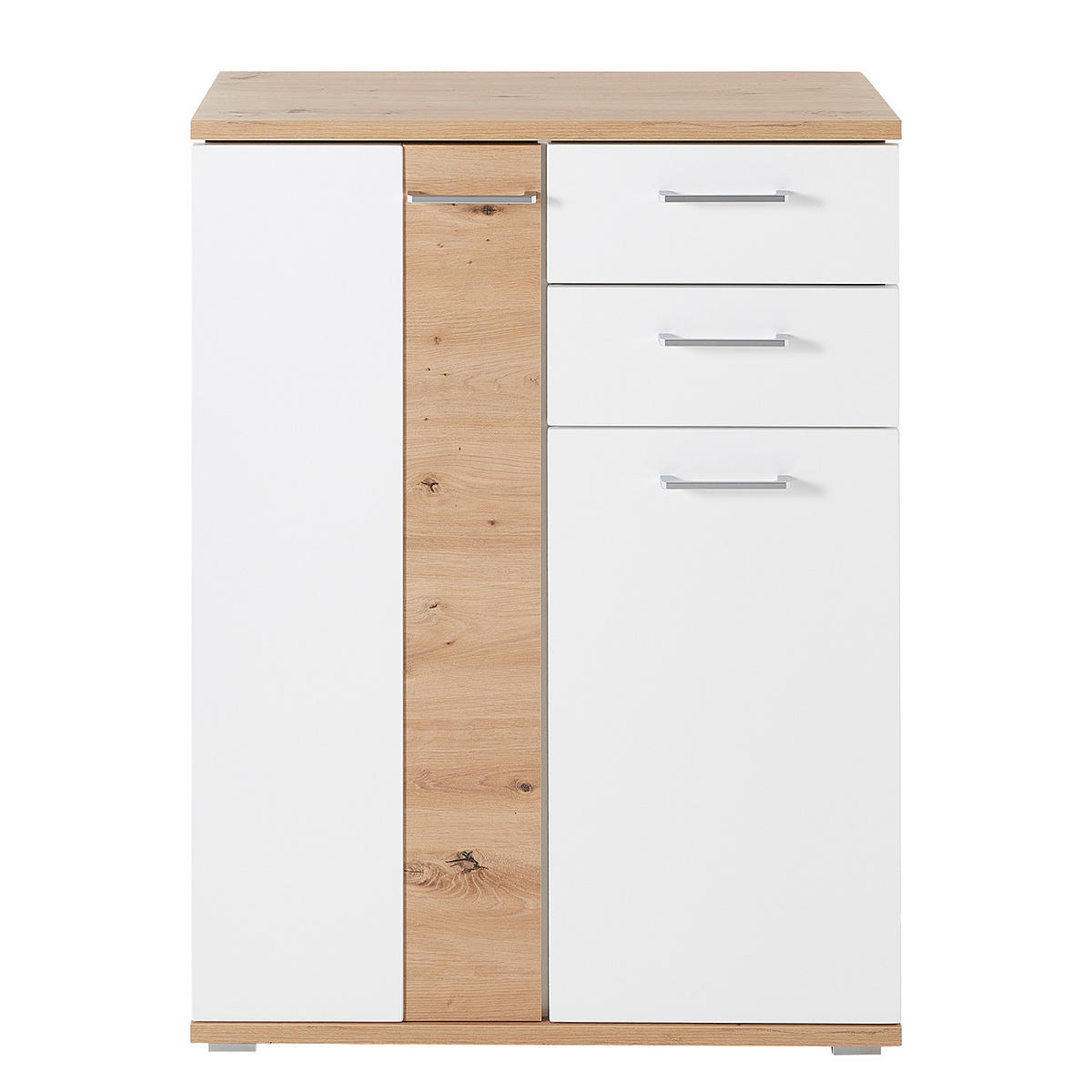 SCHUHKOMMODE - Weiß / Eiche Artisan Dekor - Chromfarben/Silberfarben, Holzwerkstoff/Kunststoff (80/106/38cm) - home24