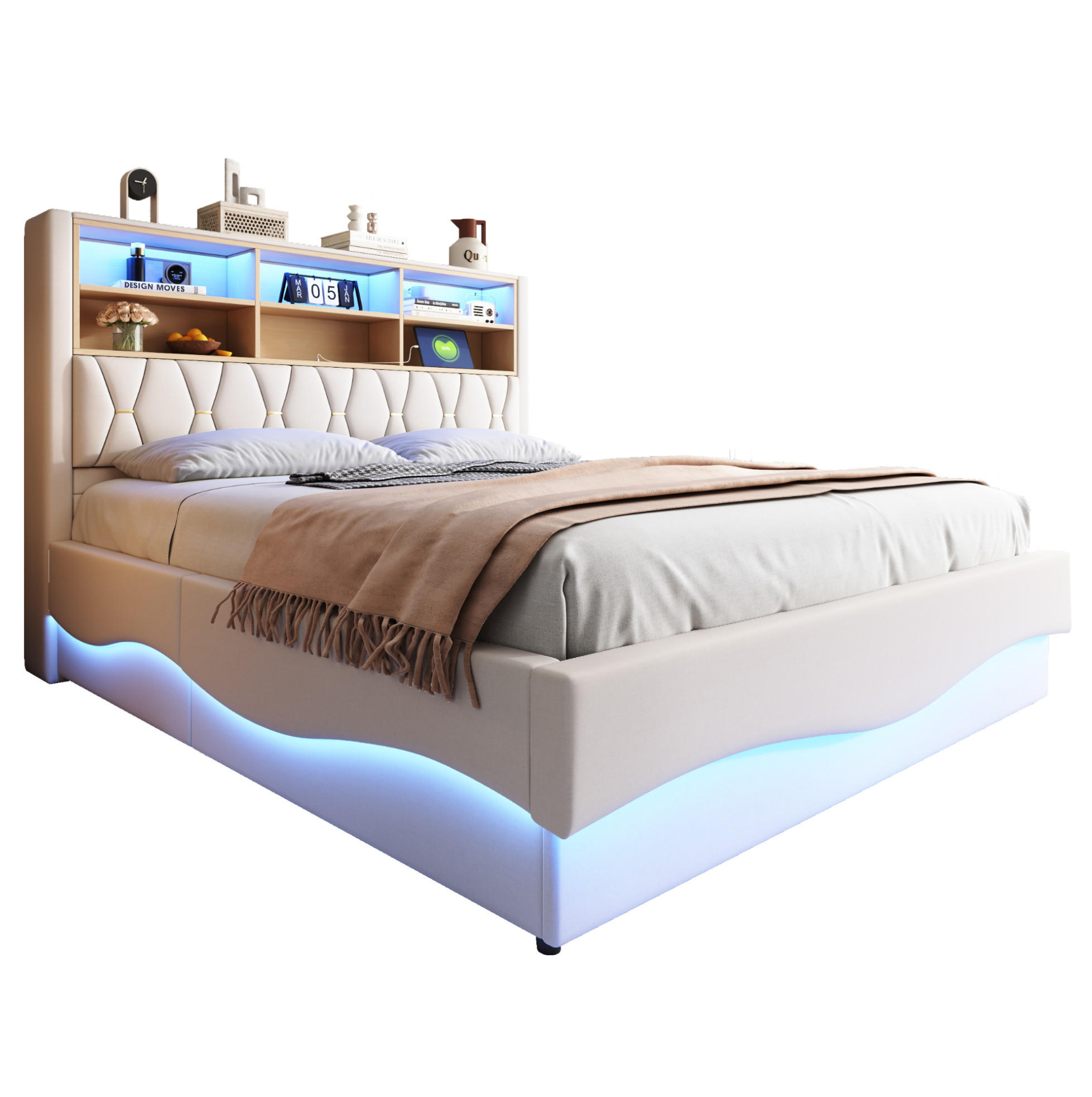 ČALÚNENÁ posteľ 180/200 cm, kov, béžová, s LED osvetlením, USB a hydraulickým úložným priestorom - béžová, kov (180/200cm) - BEAOK