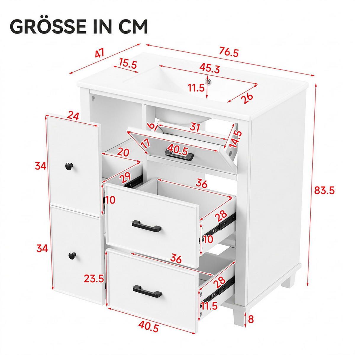 WASCHTISCHKOMBI 76.5/47/83.5 cm Weiß mit 5 Schubladen, ohne Wasserhahn - Schwarz/Weiß, Holz/Holzwerkstoff (47/83.5/76.5cm) - Oxeza
