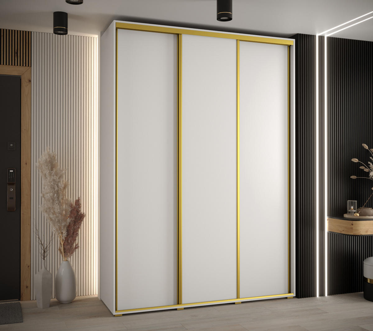 SCHWEBETÜRENSCHRANK 235,2/180/60 3-türig - Goldfarben/Weiß, Holz/Metall (180/235/60cm) - Abiks Möbel