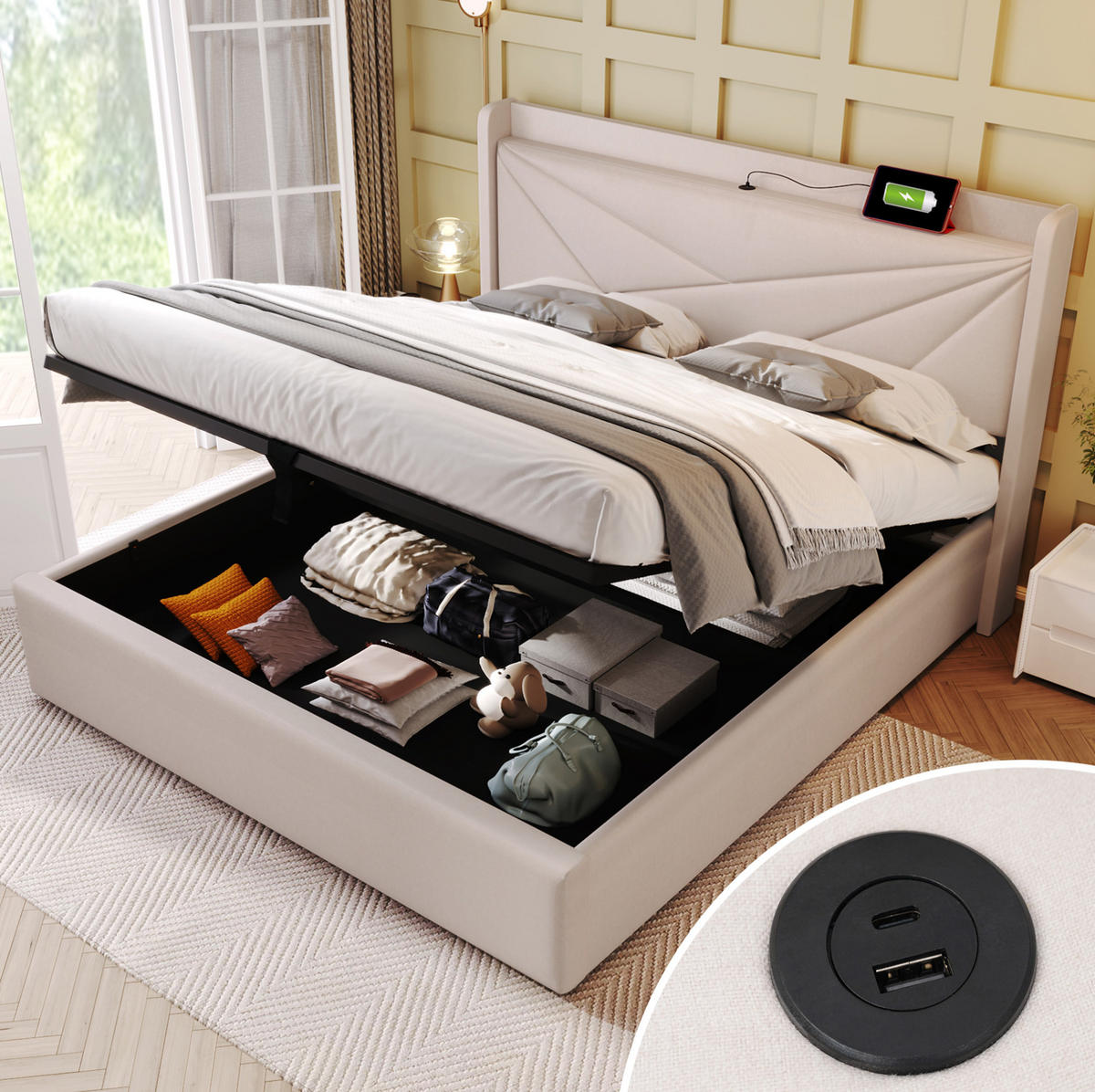 BETT mit Bettkasten und USB/Typ-C 180x200 cm Beige - Beige, Metall (180/200cm) - Meubliv