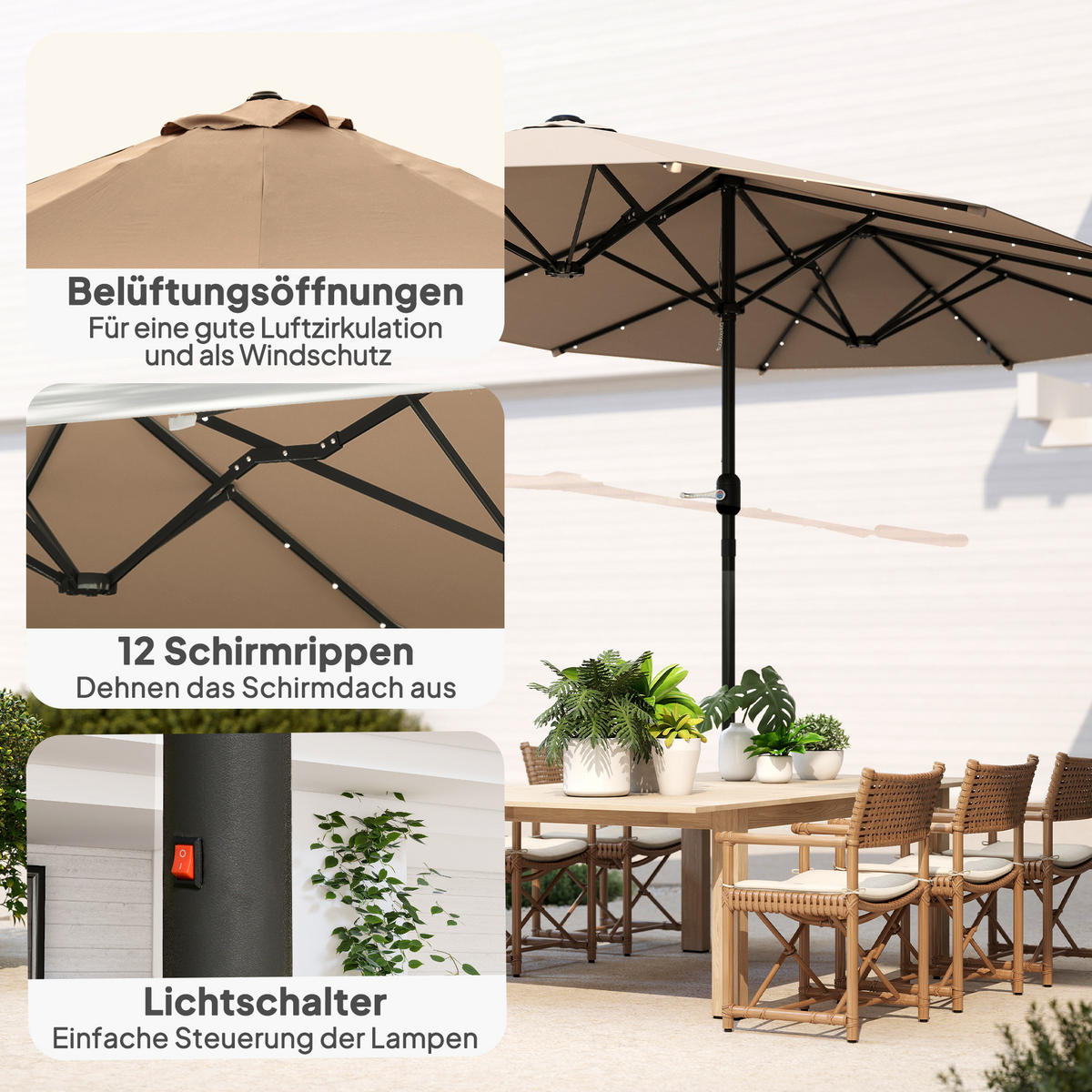 SONNENSCHIRM mit LED Doppelsonnenschirm 443 x 260 cm Gartenschirm Oval Khaki - Braun, Kunststoff/Metall (443/260cm) - Outsunny