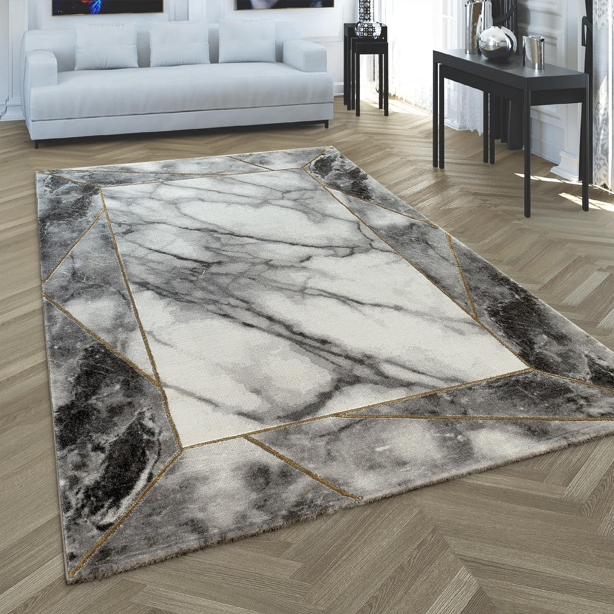 KURZFLORTEPPICH, in Marmoroptik, aus Polyproylen, Florhöhe 12 mm, Gold, 80 x 150 cm - Goldfarben, Textil (80/150cm) - KADIMA DESIGN