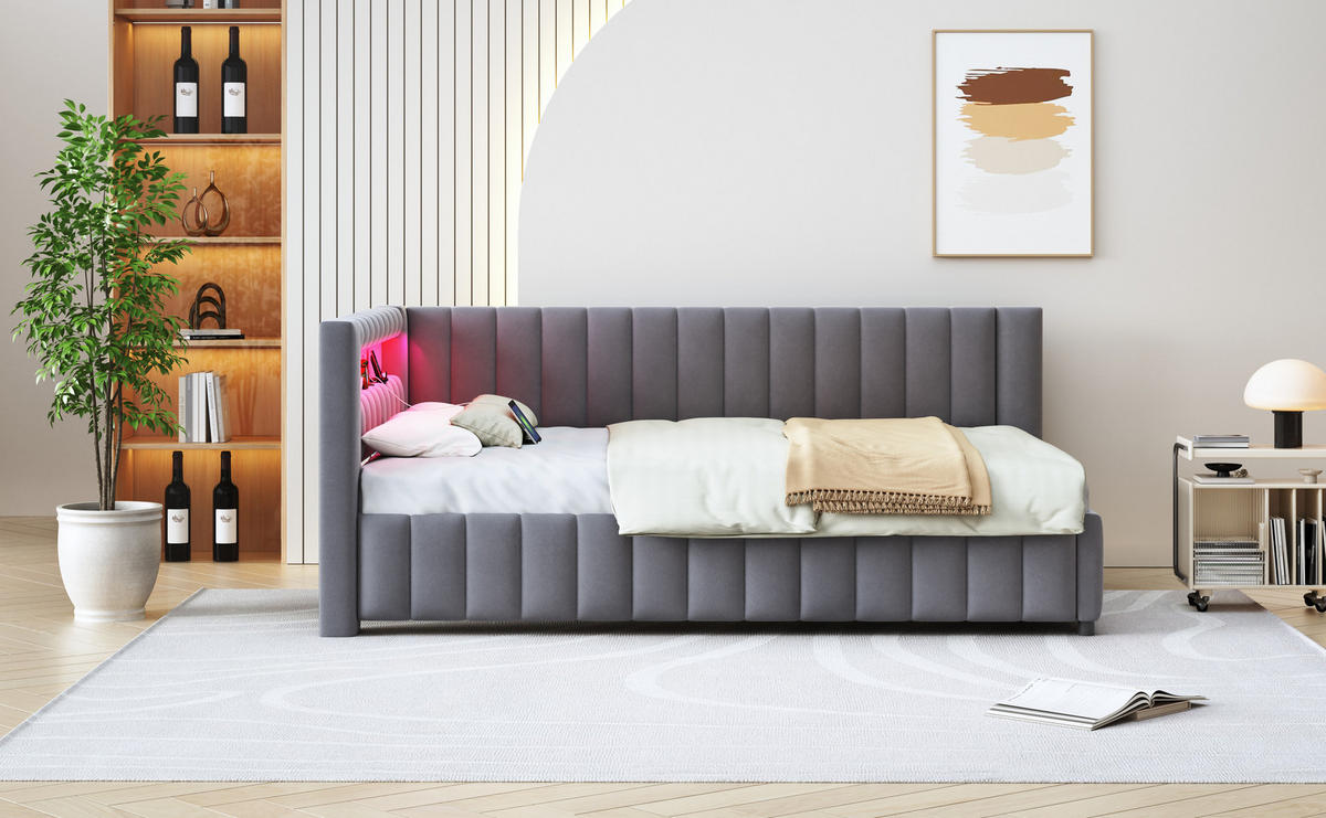 POLSTERBETT 140x200 cm LED USB grau - Grau, Textil (140/200cm) - LEBENLANG