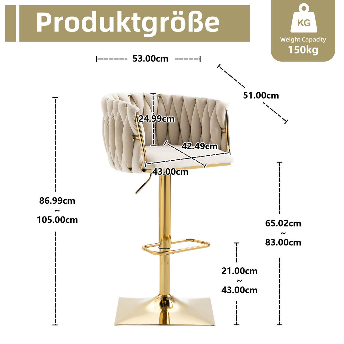 BARHOCKER, drehbar, höhenverstellbar mit Fußstütze, Textil, 53/51/87-105 cm, Ecru - Ecru, Textil (51/105/53cm) - Redom