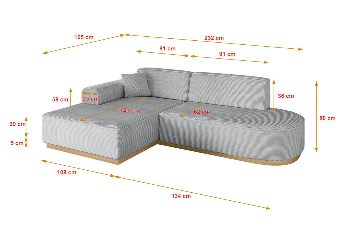 ECKSOFA Ottomane Links IREA-L1-v2 - 232x165x80 cm Grau - Grau, Holzwerkstoff/Textil (232/165cm) - ALTDECOR