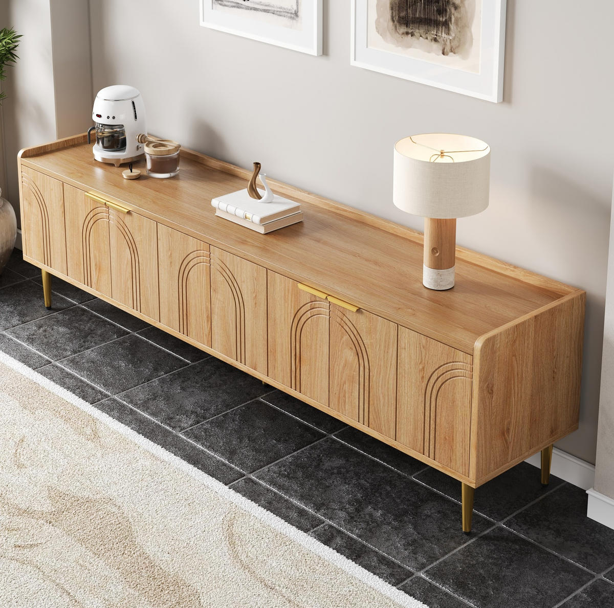TV-LOWBOARD aus MDF 170x35x47,5 cm Natur mit Stauraum, Kabelmanagement und goldfarbenen Metallbeinen - Naturfarben, Holzwerkstoff (170/47.5/35cm) - IVMEU