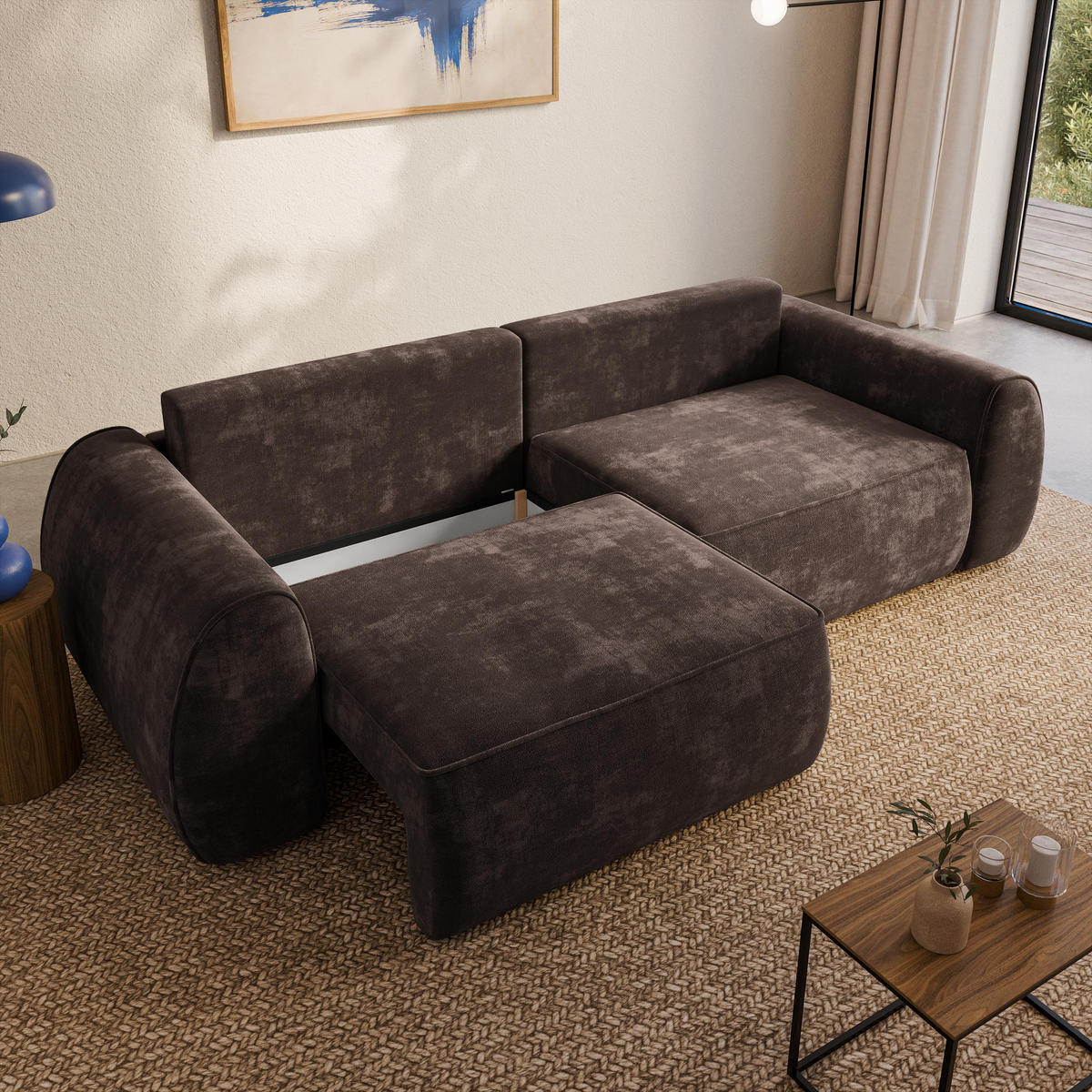 BETTSOFA ZEFEO Braun Chenille-Stoff mit Schlaffunktion - Braun, Textil (264/96/106cm) - MASSENO